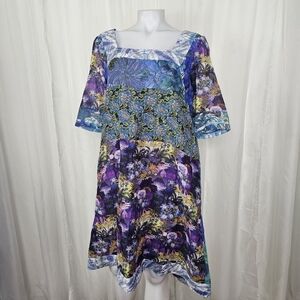 Koos Cotton Square Neck Floral Multicolor Patchwork Multipattern Dress Medium